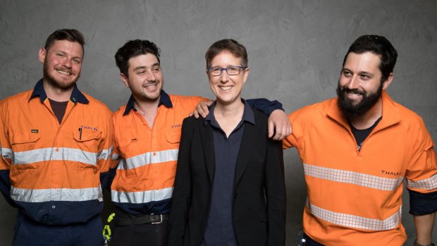 Head of the ACTU, Sally McManus, with Adam Simpson, Jordan Waddell and Darren Gray, in Sydney after the MoU between unions and the Naval Group was signed