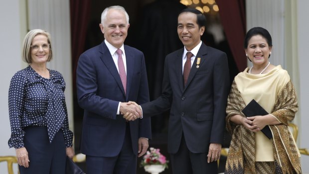 Prime Minister Malcolm Turnbull and his wife Lucy with Indonesian President Joko Widodo and his wife Iriana at Merdeka Palace in Jakarta.