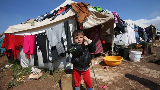 A Syrian refugee boy stands outside his tent pitched amid olive orchards in the northern Syrian province of Idlib in 2013 when the growing refugee population numbered 16,000.