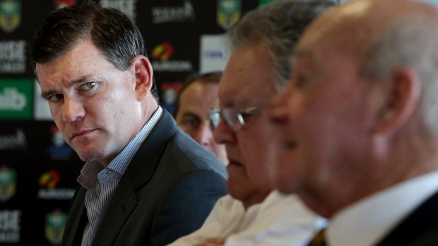 Tough decision: Knights CEO Matt Gidley addresses the media on Monday with Knights directors Brian McGuigan and John Quayle.