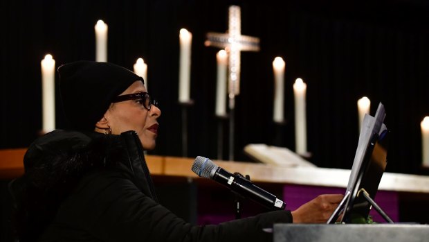 US jazz singer Jocelyn B. Smith sings during an Oecumenic memorial service for the victims of last year's deadly truck attack in Berlin.