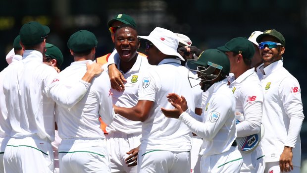 Kagiso Rabada of South Africa celebrates the wicket of Mitch Marsh at the WACA.
