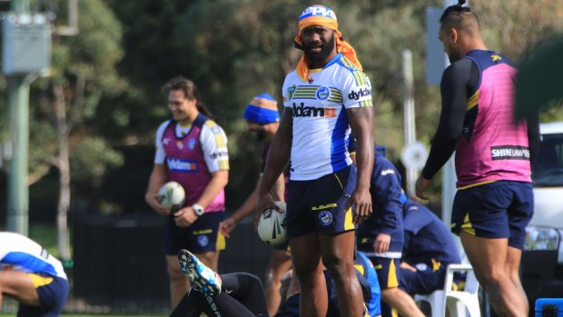 Centre of a storm: Semi Radradra training with the Parramatta Eels before this week's match against the Sharks.