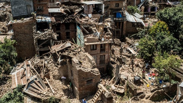 Collapsed buildings in Sankhu, Nepal, after the earthquake. 