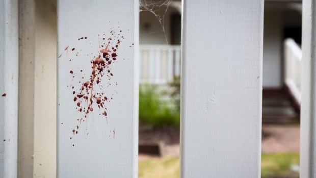 Blood splatters at the residence used for a house party.