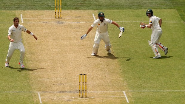 Yes... no... yes...: Shaun Marsh and Steve Smith hesitate over a run, culminating in Marsh being run out by Brendon McCullum.