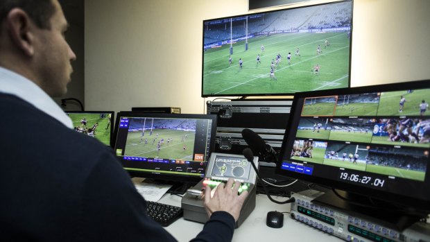 Eye on the game: Video referee Bernard Sutton in the new NRL video referee bunker at ANZ Stadium.