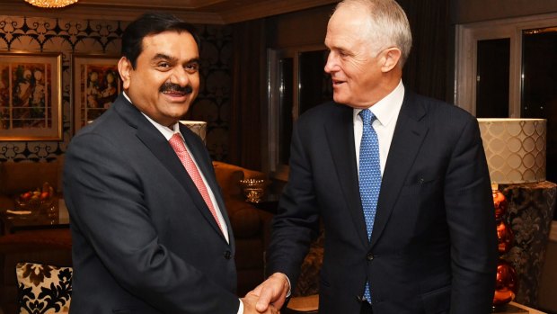 Adani Group founder and chairman Gautam Adani meets Prime Minister Malcolm Turnbull in Delhi in April.