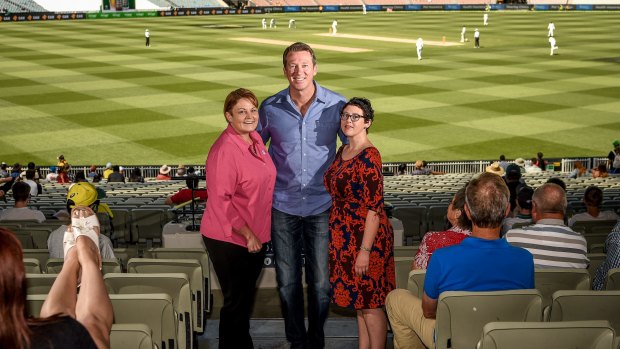 Glenn McGrath with breast cancer patient Erin Wood and breast care nurse Michell Hamblin (left).