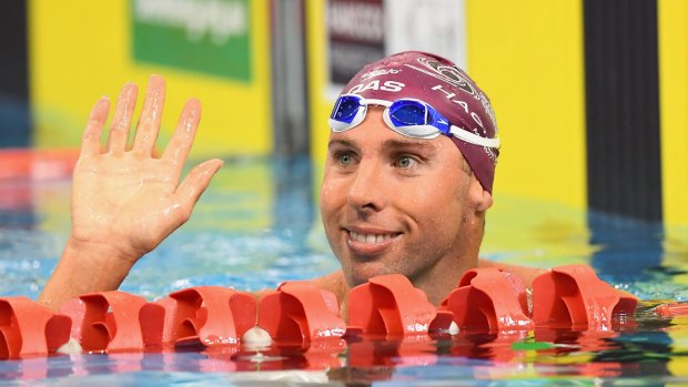 Pleased: Grant Hackett waves to the crowd after competing in the 400m freestyle during day one of the 2016 Australian Swimming Championships in Adelaide.