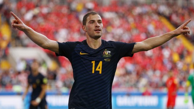James Troisi celebrates after his goal against Chile in the Confederations Cup.