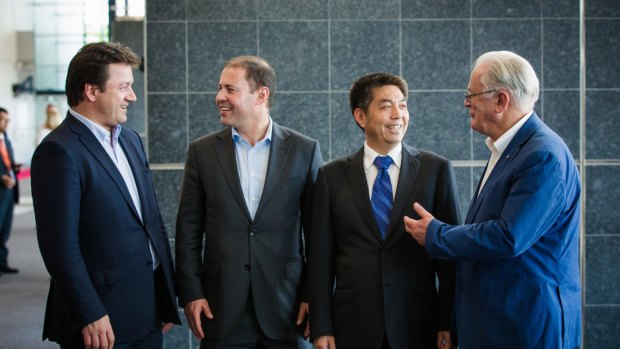 From left, JBS CEO Wesley Batista, Energy and Northern Australia Minister Josh Frydenberg, Ye Cheng from Landbridge, and Andrew Robb, then Minister for Trade in Darwin last year.