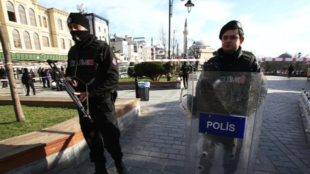 Police secure the historic Sultanahmet district after the explosion.