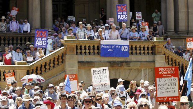 Several hundred people filled Town Hall Square to rally against ABC and SBS cuts.