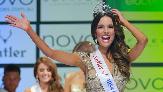 Monika Radulovic celebrates after being crowned Miss Universe Australia 2015.