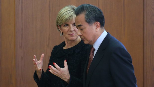 Chinese Foreign Minister Wang Yi and Australian Foreign Minister Julie Bishop in Beijing in February.