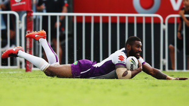 Marika Koroibete scores a try for Melbourne Storm.