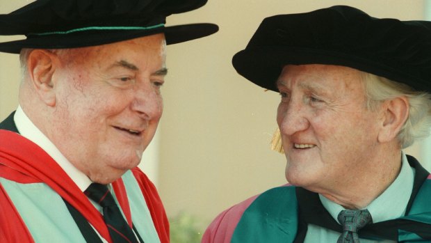 Mr Whitlam, pictued with Mr Uren, after he received an honorary degree from Charles Stuart University.