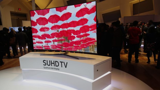 A Samsung Ultra Slim Quantum dot display television is displayed at the 2016 Consumer Electronics Show in Las Vegas.

