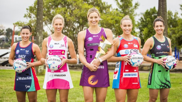 Game on: The captains of all five Australian-based ANZ Championship team (L-R) - Madi Robinson (Vixens), Erin Bell (Thunderbirds), Laura Geitz (Firebirds), Kim Green (Swifts), Ashleigh Brazill (Fever).
