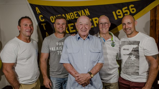 Bobby Griffin celebrated his 80th birthday on Saturday with Raiders coach Ricky Stuart, Simon Woolford, John McIntyre and Jason Croker.

