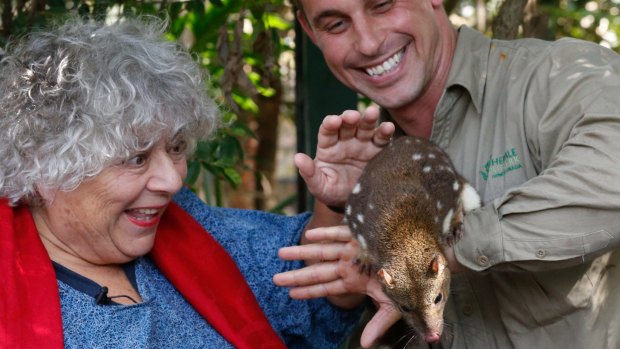 Pleased to meet you: Actor Miriam Margolyes meets a  threatened tiger quoll at Featherdale Wildlife Park in Doonside. 