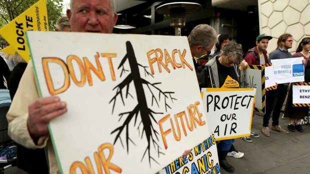 Fracking protesters outside AGL's annual general meeting in Melbourne in September, 2015. 