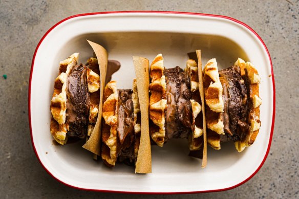 Waffles sandwiched with rum 'n' raisin 'n' rum ball ice-cream.