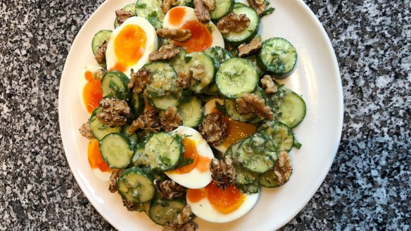Ben Shewry's lunch salad of cucumber, soft-boiled egg and walnuts.  