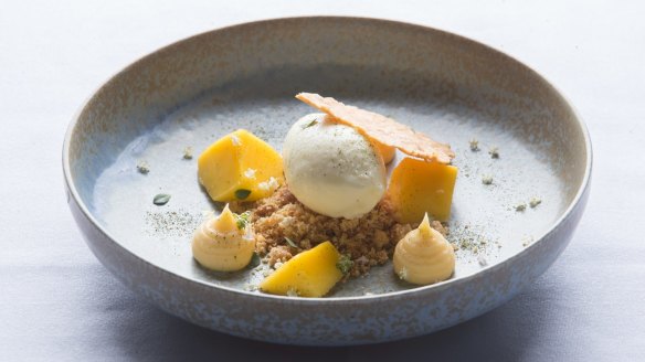 Yoghurt sorbet, yuzu curd and mango.