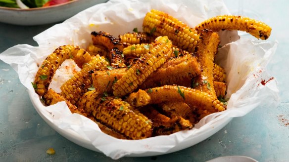 Paprika-dusted corn ribs with garlic butter.