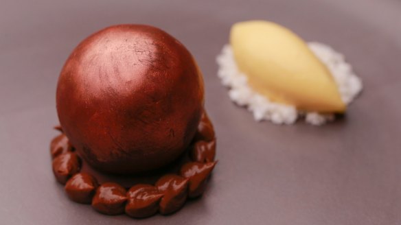 Chilli-chocolate sphere with kaffir lime and lemongrass ice-cream.