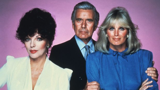 Original Dynasty cast members (from left) Joan Collins, John Forsythe and Linda Evans. 