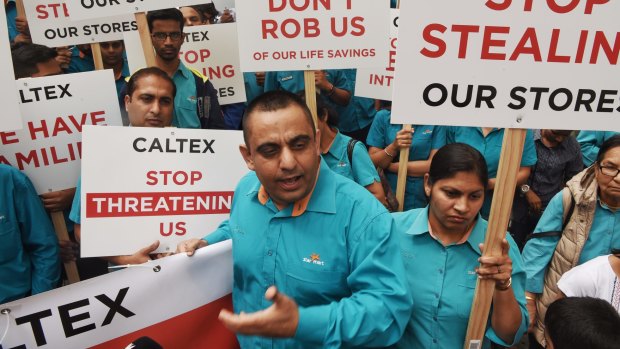 Sanjeev Sharma at the protest at Caltex head office in Sydney.