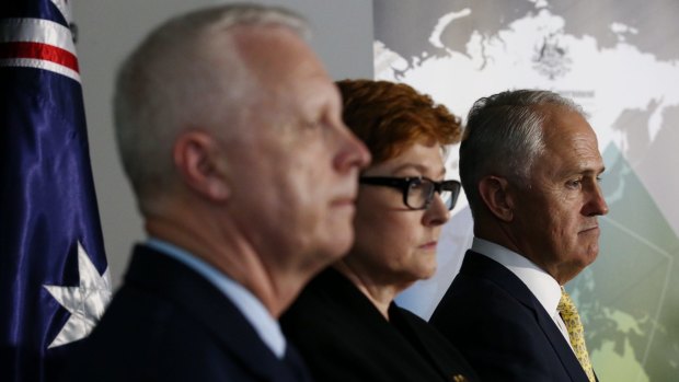 Prime Minister Malcolm Turnbull launches the 2016 Defence white paper at ADFA in Canberra with Chief of Defence Force Mark Binskin with Defence Minister Marise Payne.