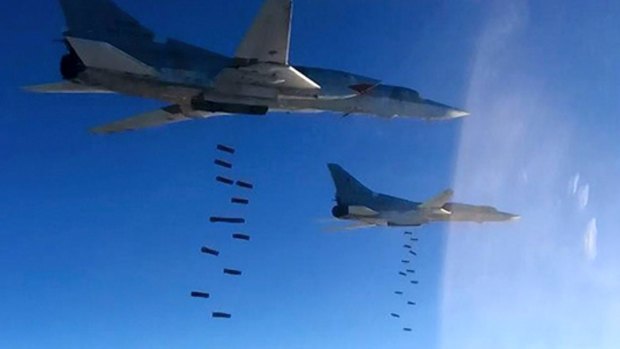 Russian air force Tu-22M3 bombers strike IS targets in Syria, in January.