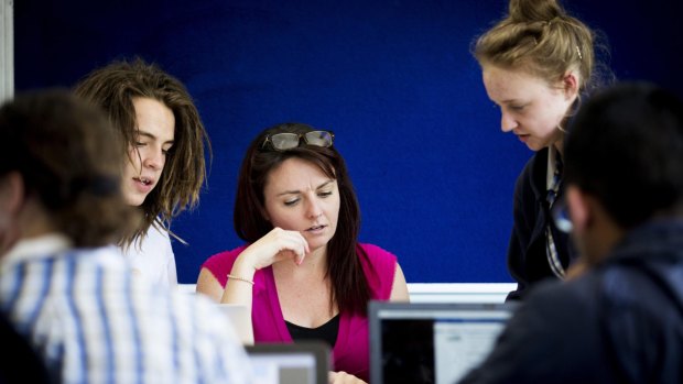 Maths teacher Sarah Hewat and some of her Kambrya College students in the documentary series <i>Revolution School</i>.