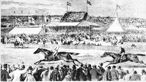 Artist's impression of The Barb winning the Melbourne Cup in 1866.