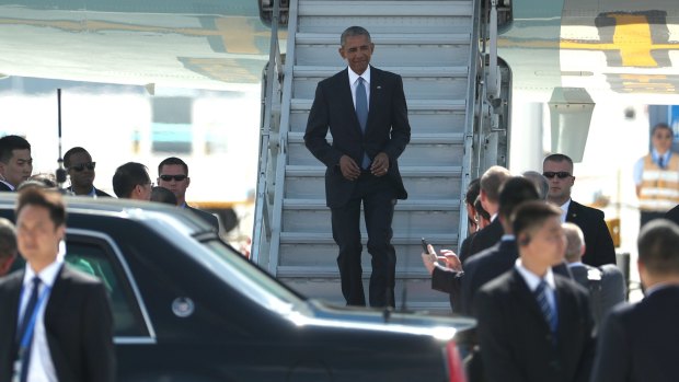 Not his usual arrival: US President Barack Obama exiting Air Force One.