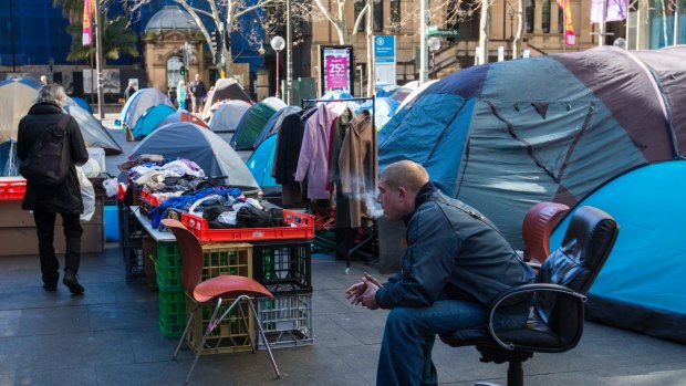 The tent city in front of the Reserve Bank of Australia in Martin Place came into the spotlight during National Homelessness Week. 