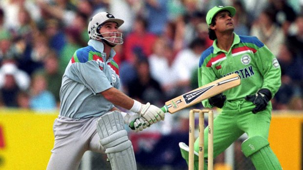 Martin Crowe bats during the cricket World Cup match between New Zealand and Pakistan, 1992. 