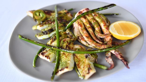 Grilled squid with jalapeno and coriander.