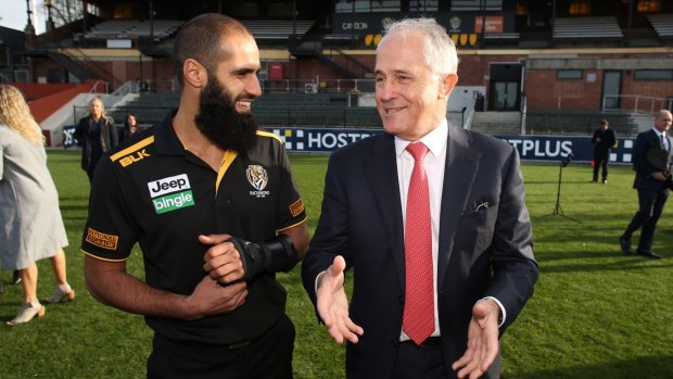 Prime Minister Malcolm Turnbull met with Richmond AFL player Bachar Houli and aspiring players at the Richmond Football Club on Wednesday.
