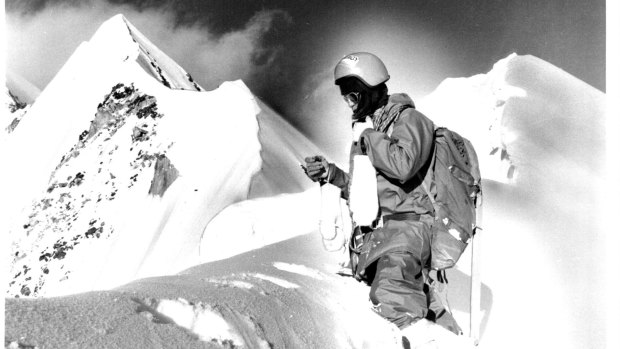 Tim Macartney-Snape, of the 1978 ANU Himalayan expedition, works his way along ridge towards the summit of Dunagiri. 