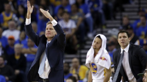 Keeping cool: Golden State coach Steve Kerr calls a time out. 