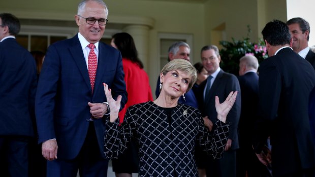 Prime Minister Malcolm Turnbull and Minister for Foreign Affairs Julie Bishop on the front steps of Government House.
