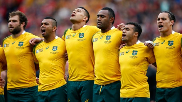 The Wallabies sing the national anthem at Twickenham at the weekend.