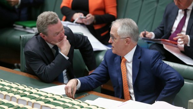 Prime Minister Malcolm Turnbull with Defence Industry Minister Christopher Pyne during question time  on Monday.