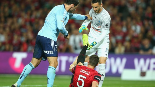 Helping hand: Vedran Janjetovic reaches out to Brendan Hamill during the Sydney derby.