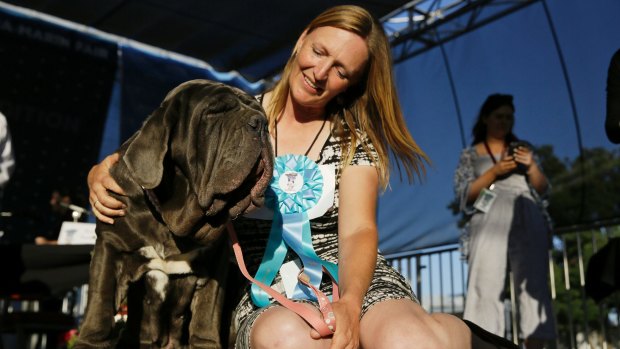 Shirley Zindler, of Sebastopol, California, sits with her dog Martha, a Neapolitan mastiff, who won the World's Ugliest Dog Contest at the Sonoma-Marin Fair on Friday, June 23, 2017. 